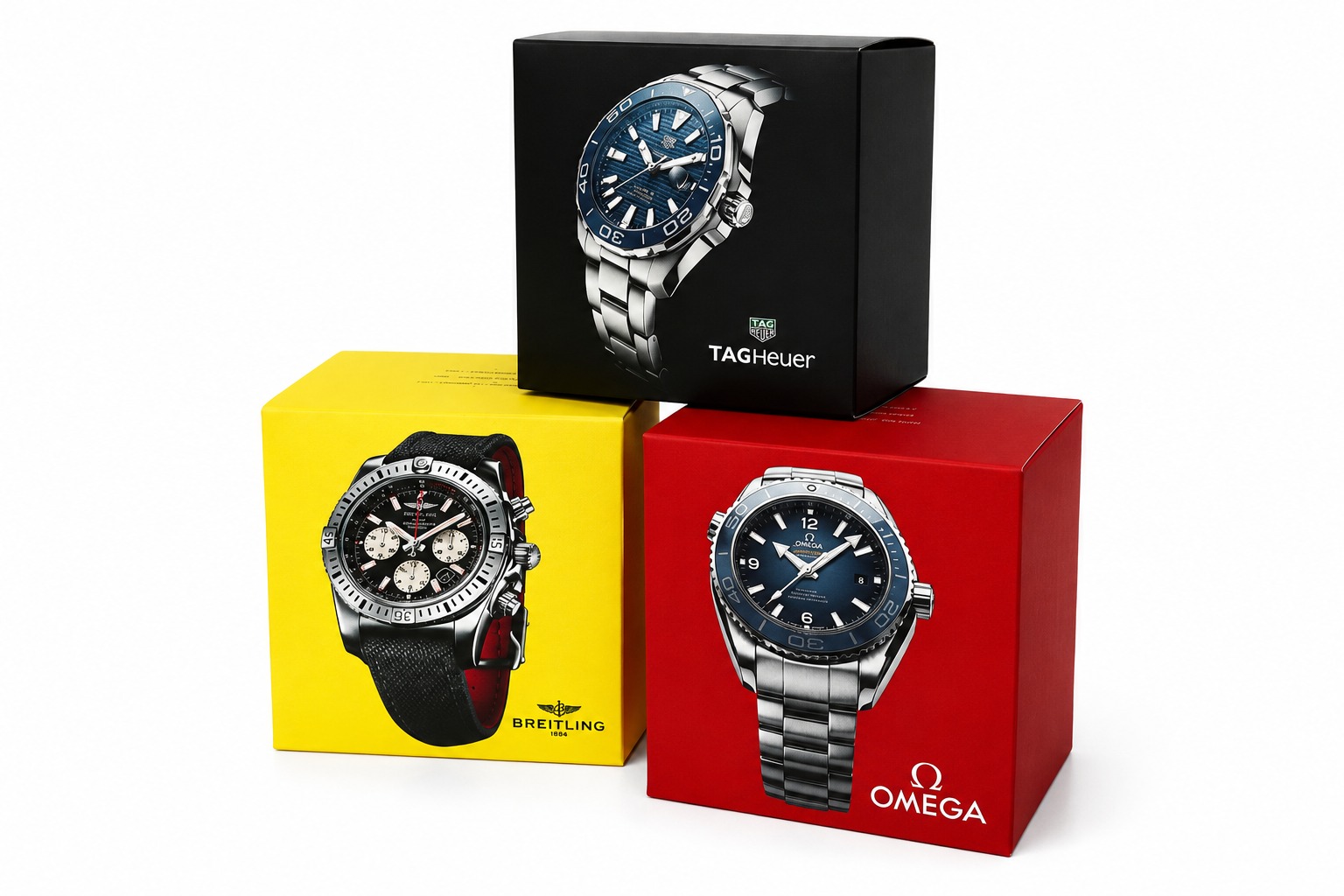 Caixas coloridas para relógios TAG Heuer, Breitling e Omega