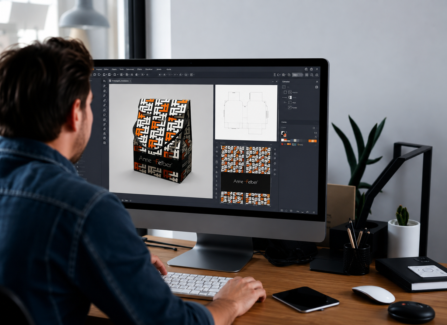 Projeto gráfico de embalagem personalizada em tela de computador
