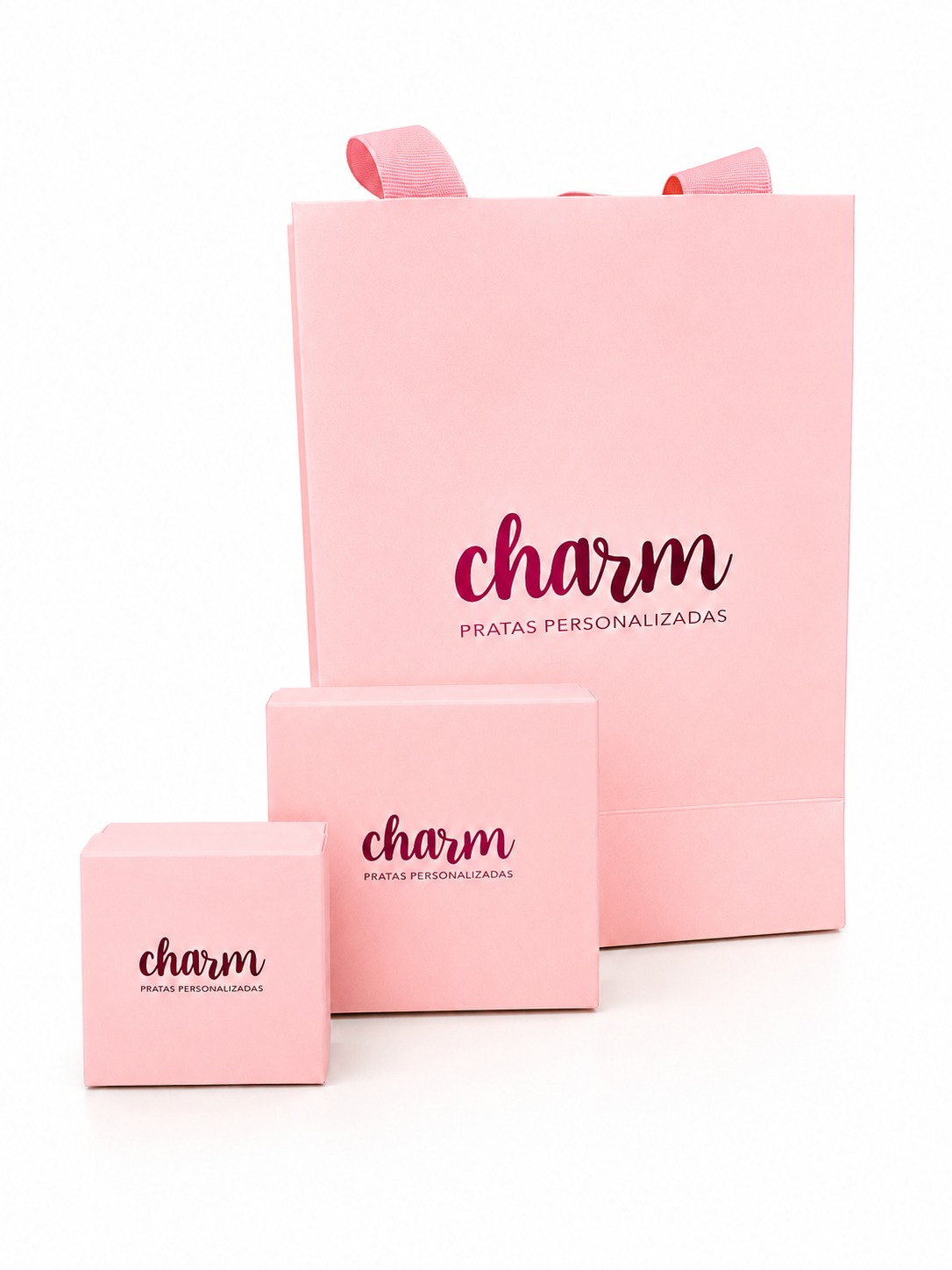 Sacola e caixas rosas Charm Pratas Personalizadas